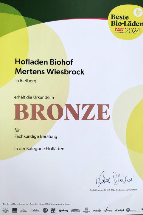 Urkunde Beste Bioläden 2024