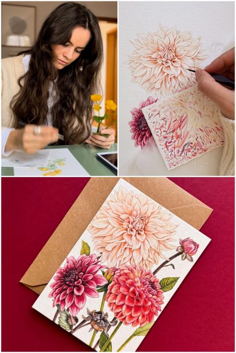 Postkarte, unsere Dahlien, Illustration